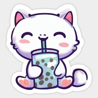 a cute cat holding and drinking boba tea Sticker